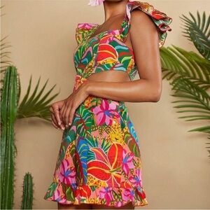 Multicolor Boho Womens Tropical Print Cut Out Waist Ruffle Hem Dress